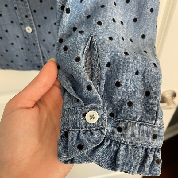 Denim color polka dot button down with ruffle details - Picture 2 of 4